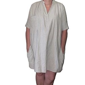 Tribe Alive split neck dress striped short sleeve pockets upcycled denim XS/S